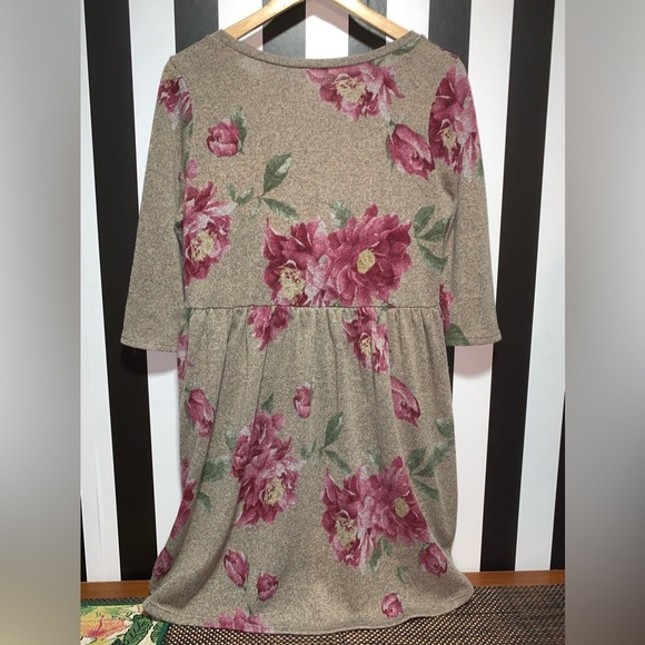 Y2K Grey/Purple Floral Sweater Dress 3/4 Sleeve Large 12/14 Woman’s Fall Winter - Picture 7 of 7